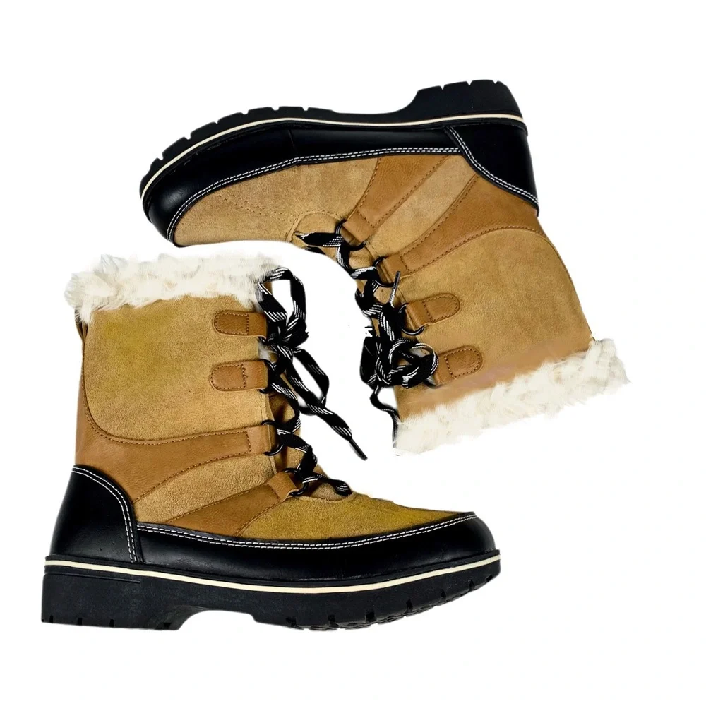 Merona Womens Lace Up Fur Trimmed Tan Suede Snow Boots Size 8